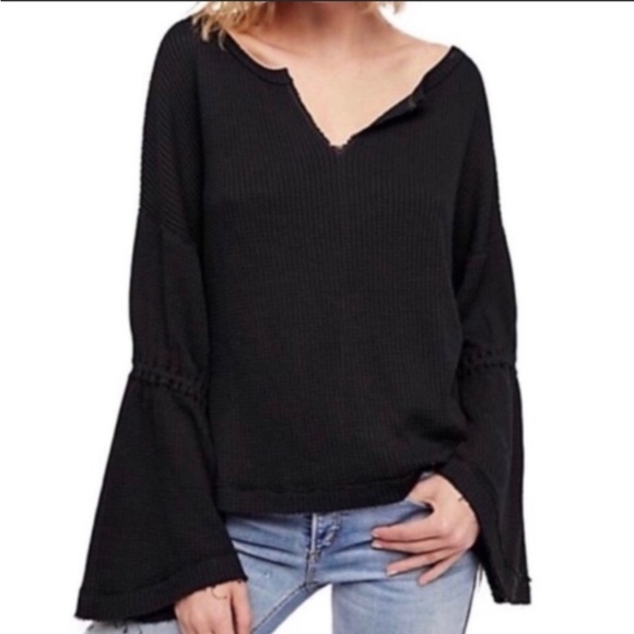 Free People] Black Waffle Thermal  flared sleeve Oversized T-shirt Top - Picture 2 of 13